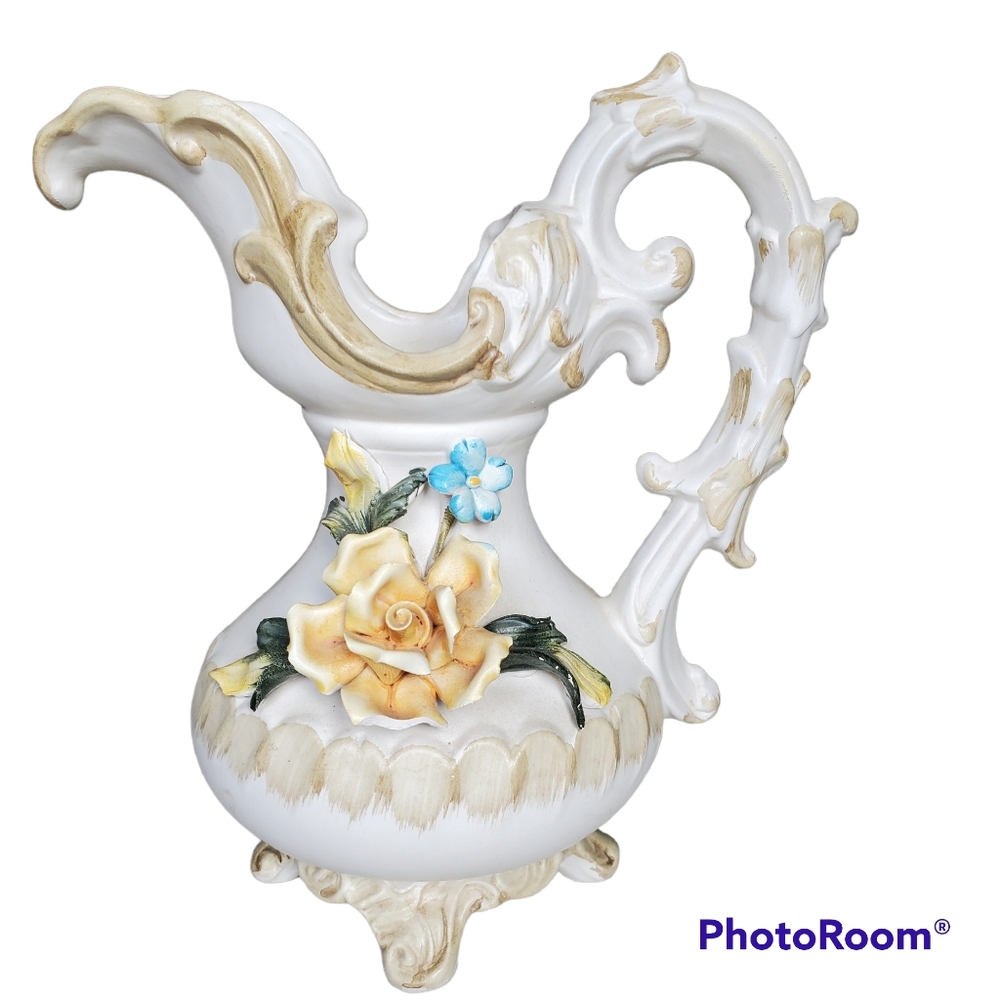 Vintage Capodimonte Bisque Porcelain Vase Pitcher Rose Yellow Toscani Italy